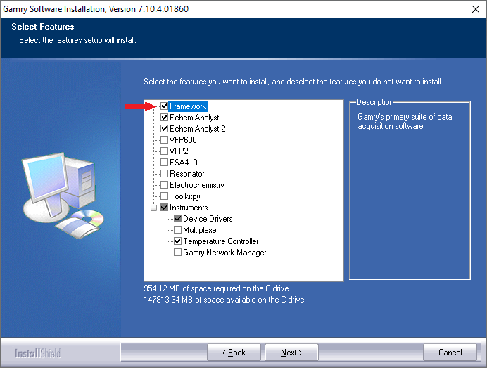 Feature selection window during software installation.