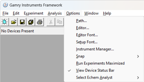Gamry Framework Options menu commands.