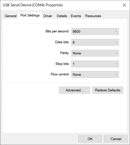 USB Serial Device Properties