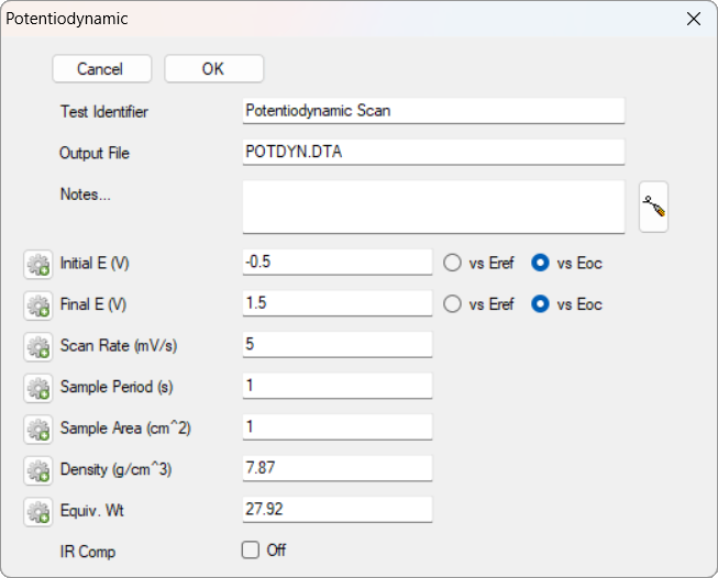 Potentiodynamic Scan - SW setup