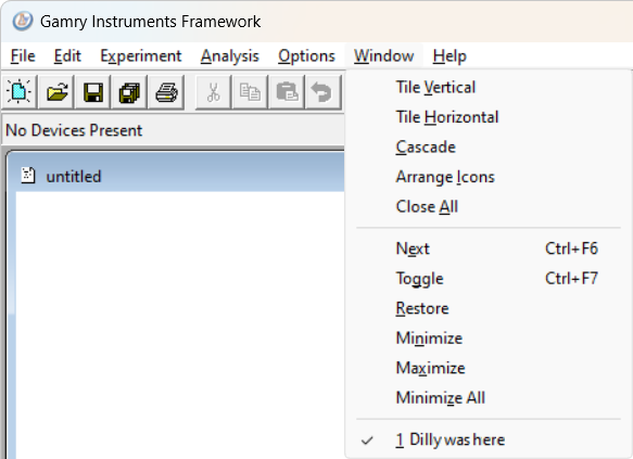 Gamry Framework Window menu commands.