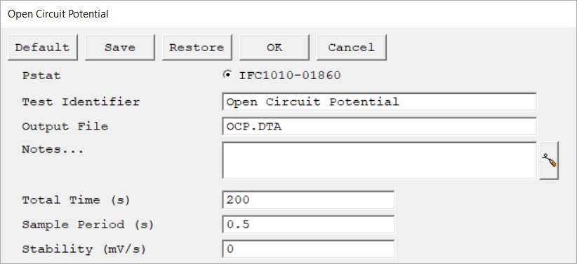 Setup dialog box for an OCP experiment.