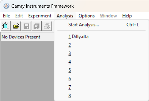 Gamry Framework Analysis menu commands.