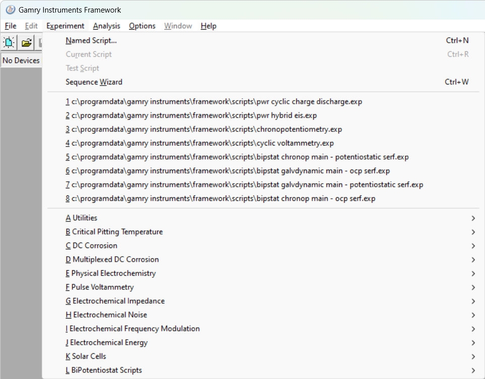 Gamry Framework Experiment menu commands.