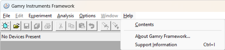 Gamry Framework Help menu commands.