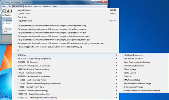 The Utilities menu includes a script that uses Electrochemical Impedance Spectroscopy (EIS) to make a determination of Ru.