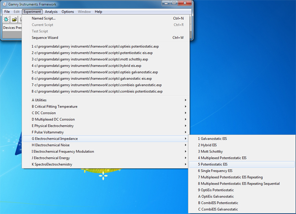 Choose Electrochemical Impedance on the Experiment pull-down menu. On the EIS child menu, select Potentiostatic EIS.