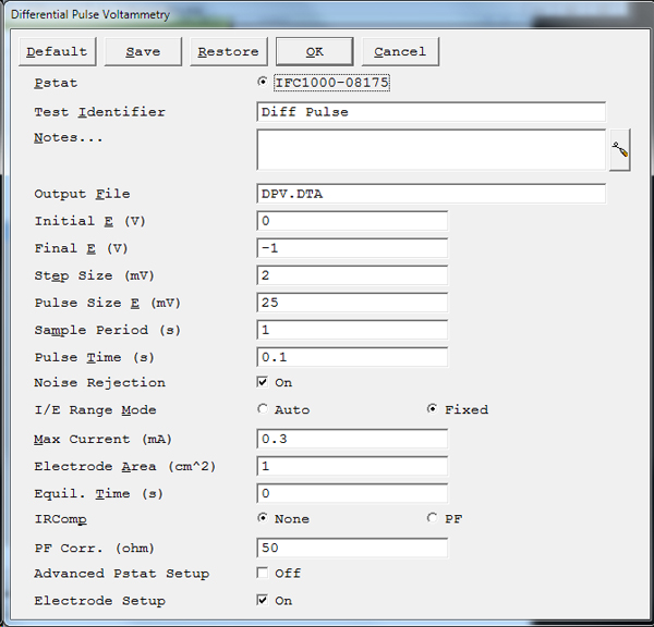 Differential Pulse Voltammetry Setup Parameters