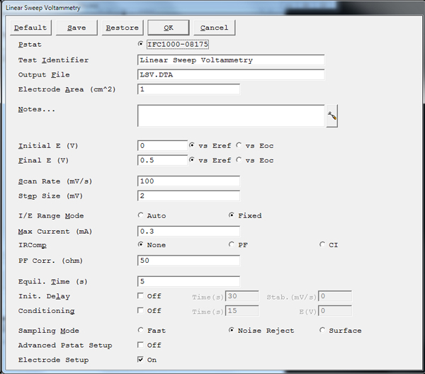 Linear Sweep Voltammetry Setup Parameters