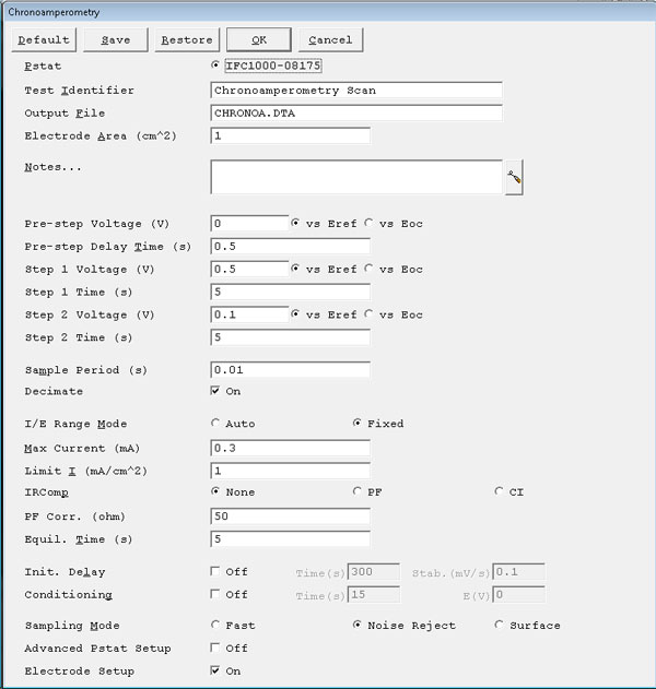 Controlled Potential Coulometry Setup Parameters