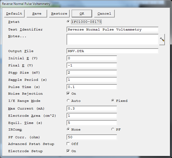 Reverse Normal Pulse Voltammetry Setup Parameters