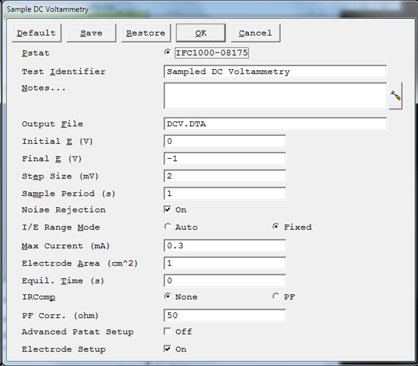 Sampled DC Voltammetry Setup Parameters