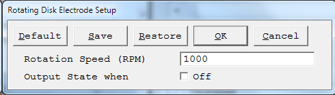 	 The Electrode Setup checkbox, if checked, opens the Electrode Setup window, to control specific aspects about your electrode. If you are not an advanced user, or simply wish to use the default electrode settings, just un-check this box. If however, you need to specifically set the electrode type or stir/purge conditions, some hardware items, check this box and you will be presented with further options upon clicking the OK button. The Electrode Setup window looks similar to the picture depicted below.    The electrode types are:  N/A	No special electrode Solid	Solid-type Electrode DME	Dropping Mercury Electrode SMDE	Static Mercury Drop Electrode HMDE	Hanging Mercury Drop Electrode Rotating	Rotating Disk Electrode If you select a Rotating electrode, an additional setup window appears.