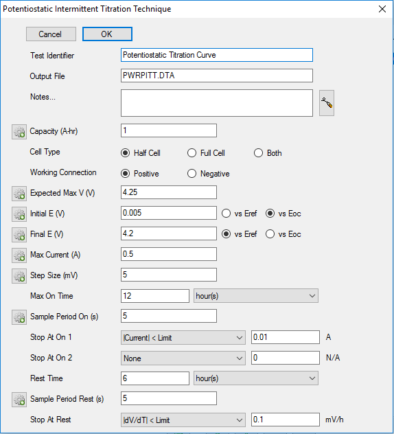 Potentiostatic Intermittent Titration Technique Potentiostatic Intermittent Titration Technique (PITT) Set-up Parameters