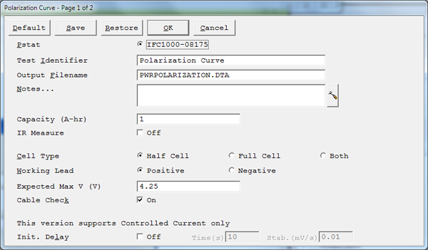 Polarization Curve Setup Parameters